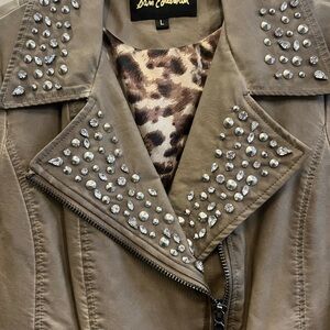 Sam Edelman Studded Distressed Tan/Brown Moto Jacket With Leopard Print Lining